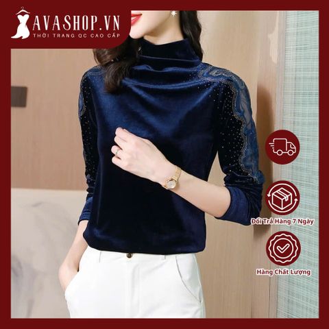 Áo Thun Nhung Phối Cổ Ren Cao Đính Kim Cương Dài Tay Cho Nữ SM120