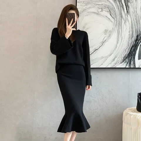 Set Đầm Len Dệt Kim Phối Áo + Chân Váy Midi Đuôi Cá Thời Trang AL112