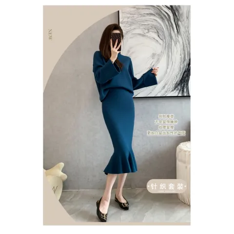 Set Đầm Len Dệt Kim Phối Áo + Chân Váy Midi Đuôi Cá Thời Trang AL112