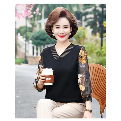 Áo Thun Nữ Trung Niên Tay Voan Cổ V SM114