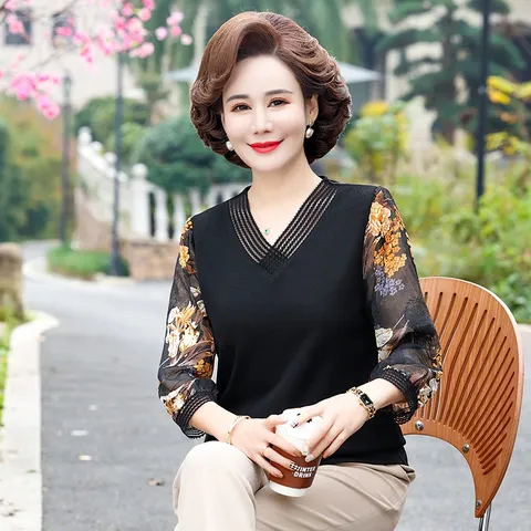 Áo Thun Nữ Trung Niên Tay Voan Cổ V SM114