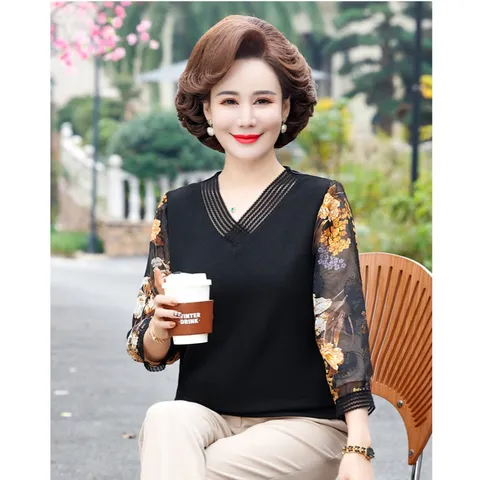 Áo Thun Nữ Trung Niên Tay Voan Cổ V SM114