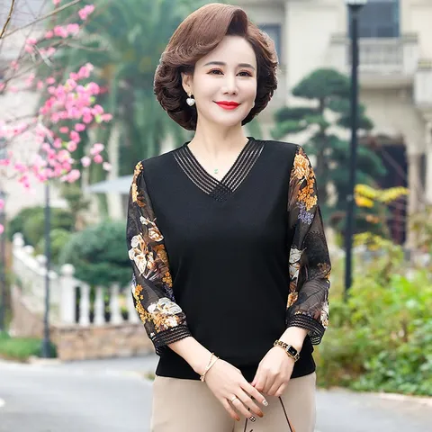 Áo Thun Nữ Trung Niên Tay Voan Cổ V SM114
