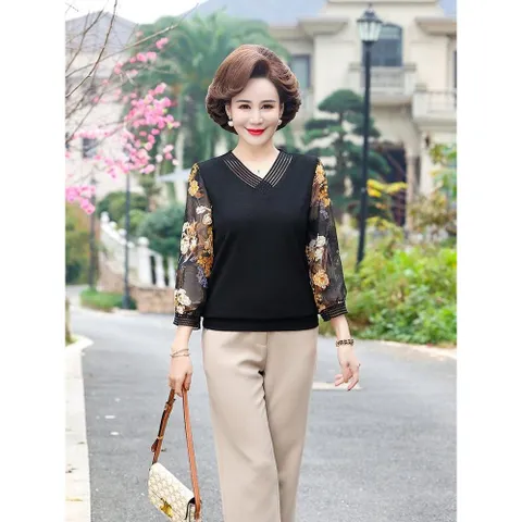 Áo Thun Nữ Trung Niên Tay Voan Cổ V SM114