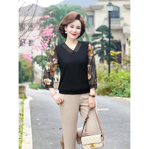 Áo Thun Nữ Trung Niên Tay Voan Cổ V SM114