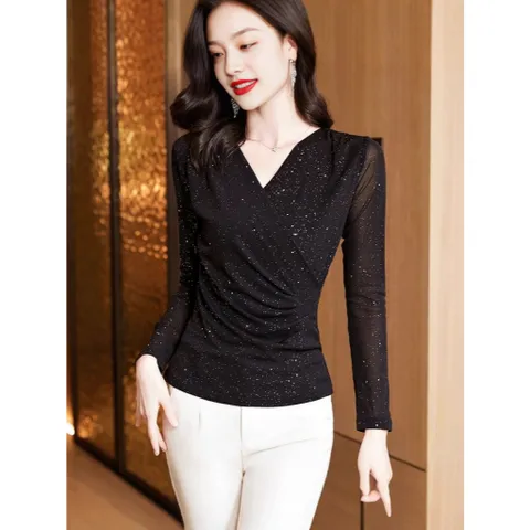 Áo Thun Chéo Cổ Chữ V Lưới Đáy Mùa Thu Thanh Lịch SM112