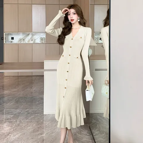 Đầm Xòe Dệt Kim Đuôi Cá Dài Tay Cổ Chữ V Cho Nữ AL25