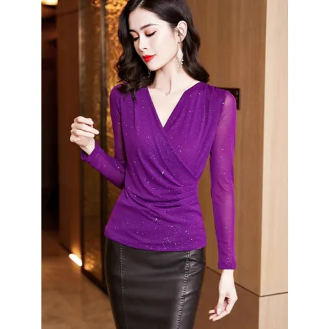 Áo Thun Chéo Cổ Chữ V Lưới Đáy Mùa Thu Thanh Lịch SM112