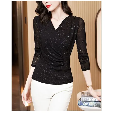 Áo Thun Chéo Cổ Chữ V Lưới Đáy Mùa Thu Thanh Lịch SM112