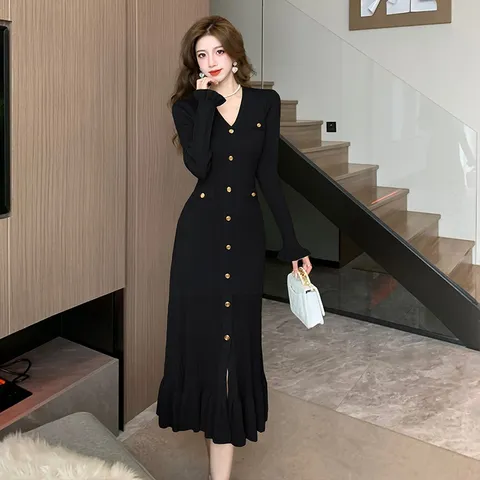 Đầm Xòe Dệt Kim Đuôi Cá Dài Tay Cổ Chữ V Cho Nữ AL25