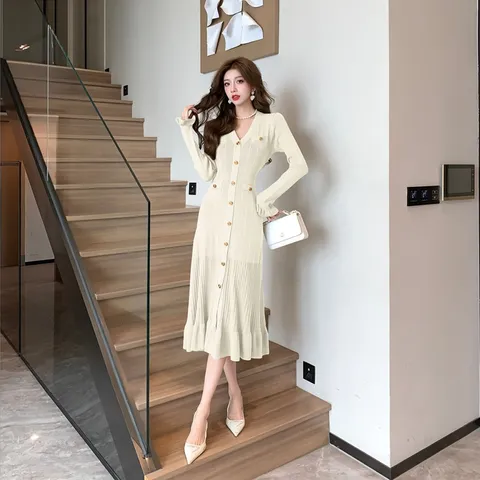 Đầm Xòe Dệt Kim Đuôi Cá Dài Tay Cổ Chữ V Cho Nữ AL25