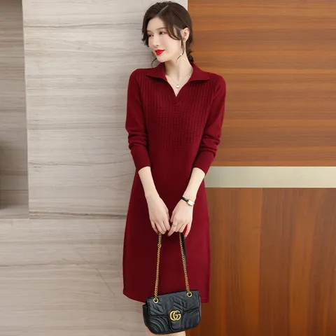 Đầm Len Nữ Dài Cổ Polo Dáng Suông Mùa Đông AL52