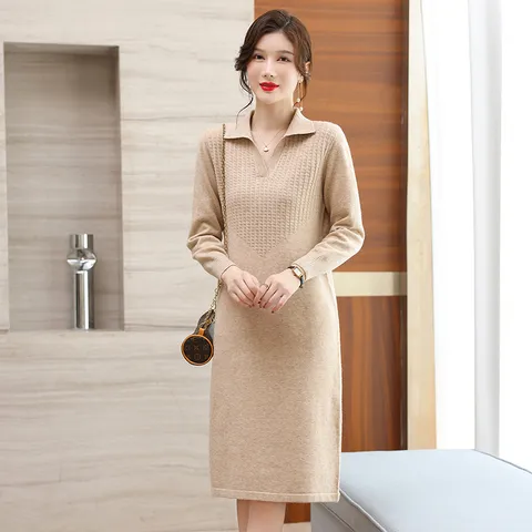 Đầm Len Nữ Dài Cổ Polo Dáng Suông Mùa Đông AL52