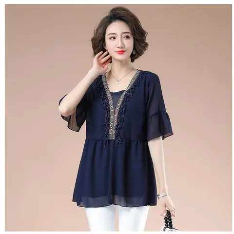 Áo Thun Kiểu Phối Đá Voan Che Bụng Sang Trọng SM49