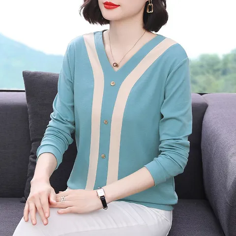 Áo Thun Dài Tay Cotton Màu Tương Phản Dành Cho Nữ Mùa Xuân Thu SM05