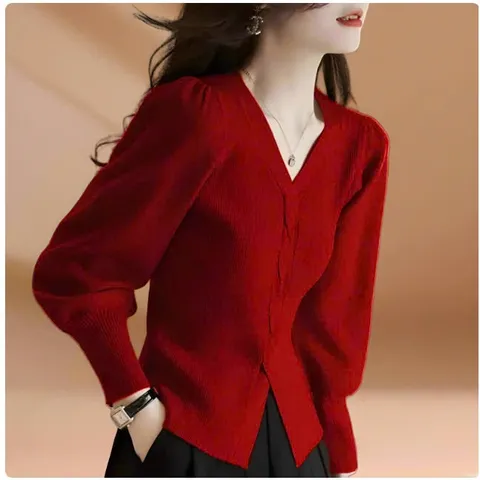 Áo Len Cổ V Tay Phồng Màu Trơn Cho Nữ AL91