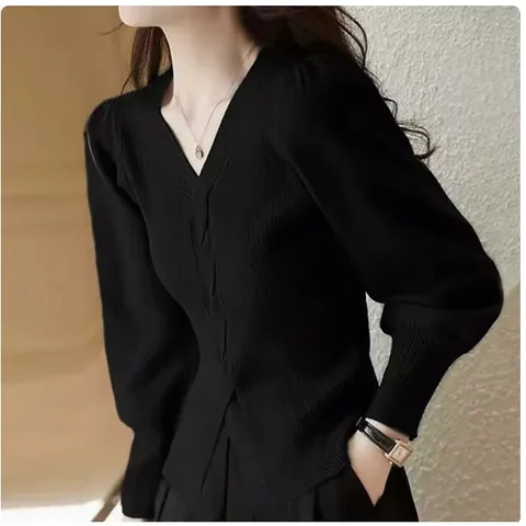 Áo Len Cổ V Tay Phồng Màu Trơn Cho Nữ AL91
