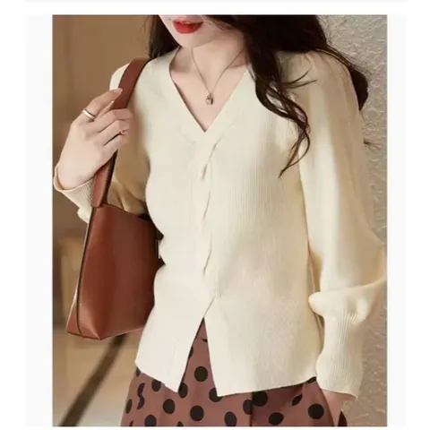 Áo Len Cổ V Tay Phồng Màu Trơn Cho Nữ AL91