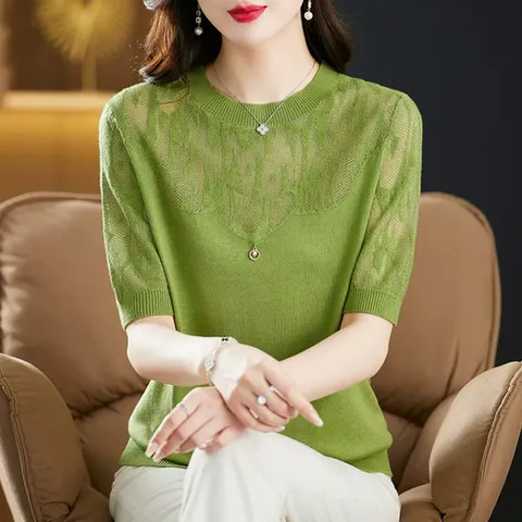 Áo Len Lụa Mỏng Ngắn Tay Phối Ren Mùa Xuân Hè AL96