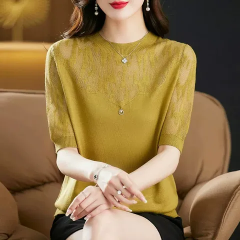 Áo Len Lụa Mỏng Ngắn Tay Phối Ren Mùa Xuân Hè AL96
