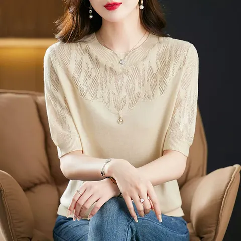 Áo Len Lụa Mỏng Ngắn Tay Phối Ren Mùa Xuân Hè AL96
