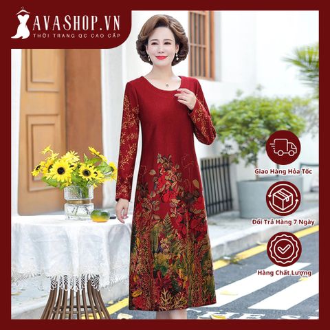 Đầm Dài Tay Họa Tiết Hoa Mùa Thu Cho Mẹ VH35