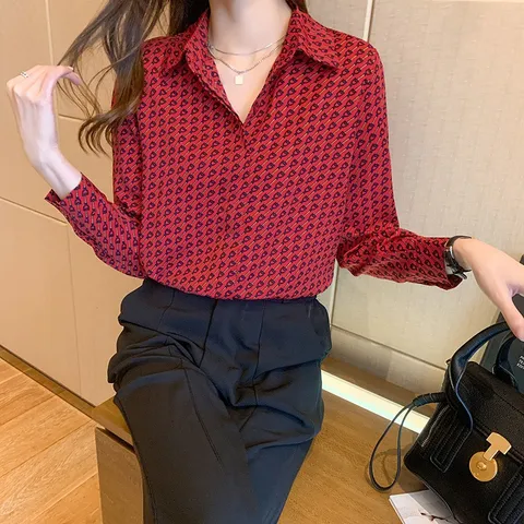 Áo Sơ Mi Hoa Đỏ Nữ Nhẹ Nhàng Sang Trọng SM18