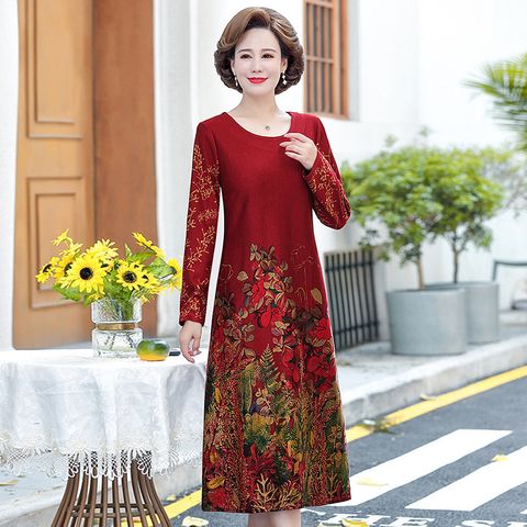 Đầm Dài Tay Họa Tiết Hoa Mùa Thu Cho Mẹ VH35