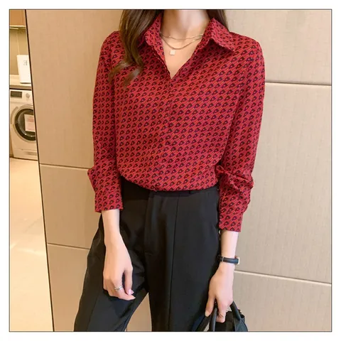 Áo Sơ Mi Hoa Đỏ Nữ Nhẹ Nhàng Sang Trọng SM18