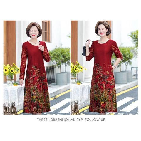Đầm Dài Tay Họa Tiết Hoa Mùa Thu Cho Mẹ VH35