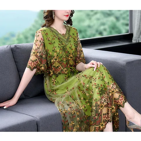 Đầm Hoa Dự Tiệc Trung Niên Che Bụng Sang Trọng VH18