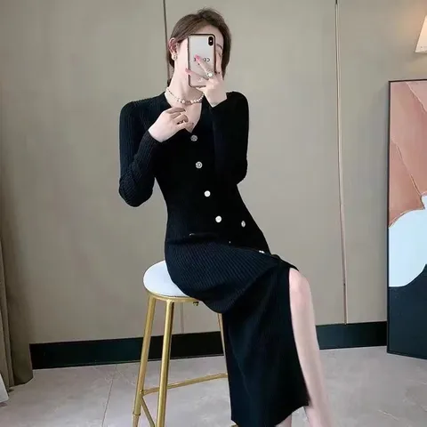 Đầm Len Dệt Kim Cổ V Mềm Mại Dành Cho Nữ AL86