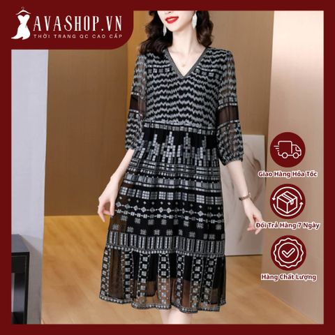 Đầm Voan Họa Tiết Dáng Xuông Che Bụng Tay Lỡ VH91
