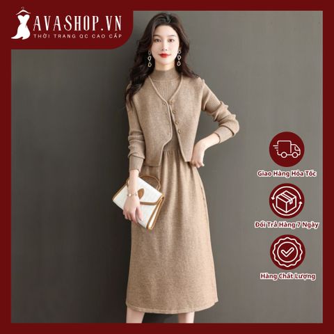 Đầm Len Dệt Kim Phối Áo Khoác Len Không Tay Khí Chất AL89