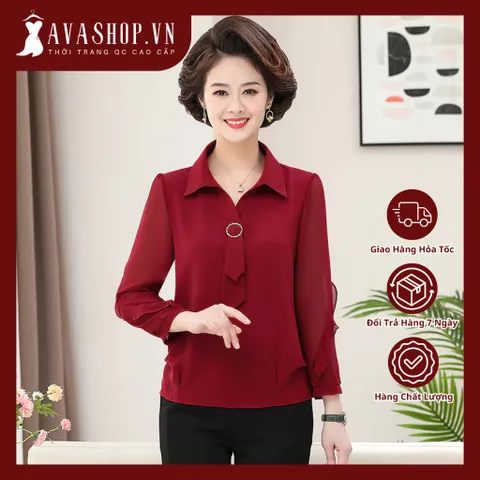 Bộ Đồ Voan Mùa Xuân Áo Sơ Mi Tay Dài Kết Hợp Quần Dáng Đứng Cho Mẹ AB37