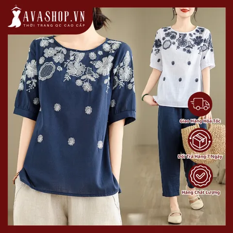 Áo Thun Lanh Cotton Nữ Thêu Hoa Mùa Hè SM25