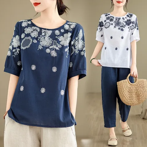 Áo Thun Lanh Cotton Nữ Thêu Hoa Mùa Hè SM25