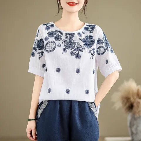 Áo Thun Lanh Cotton Nữ Thêu Hoa Mùa Hè SM25