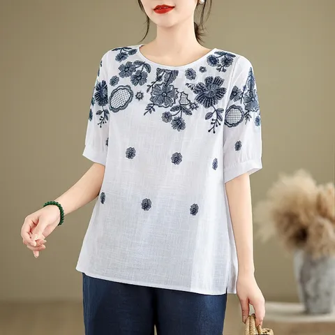 Áo Thun Lanh Cotton Nữ Thêu Hoa Mùa Hè SM25