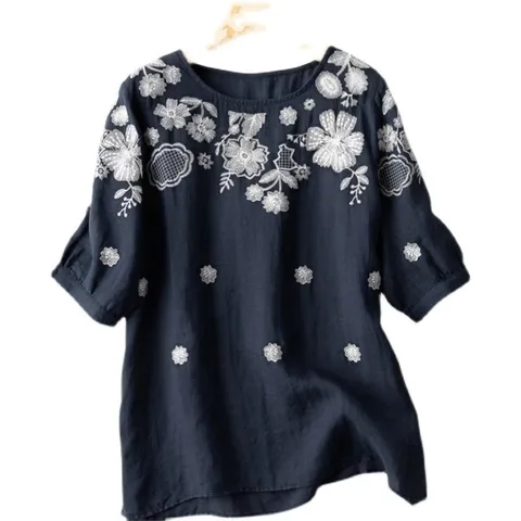 Áo Thun Lanh Cotton Nữ Thêu Hoa Mùa Hè SM25