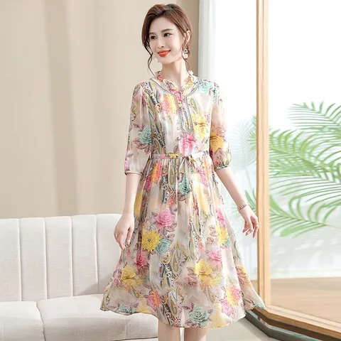 Đầm Hoa Giả Lụa Mùa Hè Cho Mẹ VH103