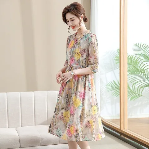 Đầm Hoa Giả Lụa Mùa Hè Cho Mẹ VH103