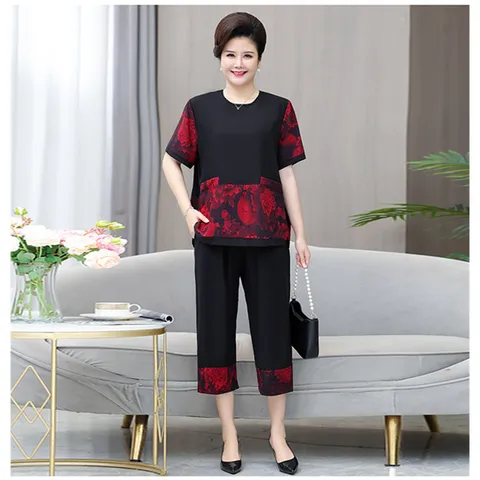 Bộ Đồ Hoa Đỏ Mùa Hè Mềm Đẹp Cỡ Lớn Cho Mẹ Béo AB09