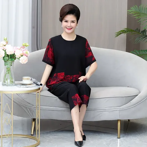 Bộ Đồ Hoa Đỏ Mùa Hè Mềm Đẹp Cỡ Lớn Cho Mẹ Béo AB09