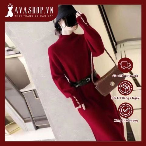 Đầm Len Dáng Dài Màu Trơn Phong Cách Cổ Điển Kèm Đai Lưng AL11