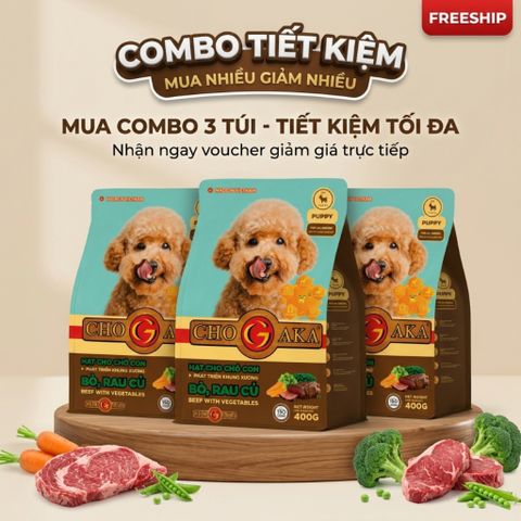 Combo 3 Túi Chogaka PUPPY - Vị Bò & Rau Củ 28% Đạm