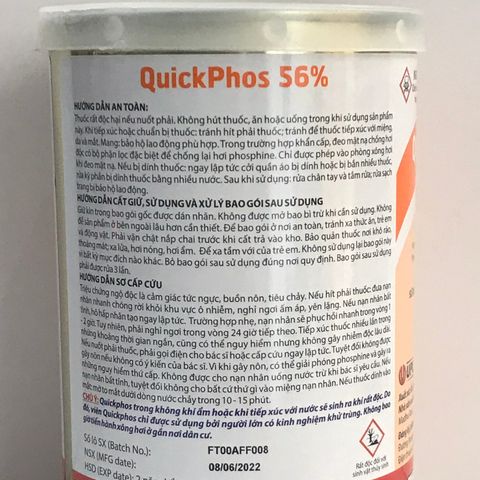 Thuốc xông mọt nông sản QUICKPHOS 56% tiêu diệt mọt gạo, lúa, thóc xuất xứ Ấn Độ lon 16 tuýp 20 viên