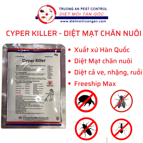 Thuốc diệt Mạt gà CYPER KILLER, ngoài ra còn tiêu diệt các loại côn trùng khác trong chăn nuôi (ruồi, nhặng, ve, rận, gián, kiến,...), xuất xứ Hàn Quốc.