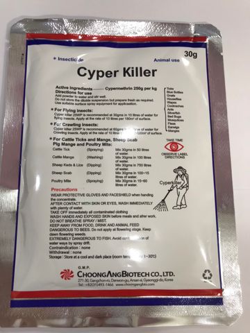 Thuốc diệt Mạt gà CYPER KILLER, ngoài ra còn tiêu diệt các loại côn trùng khác trong chăn nuôi (ruồi, nhặng, ve, rận, gián, kiến,...), xuất xứ Hàn Quốc.