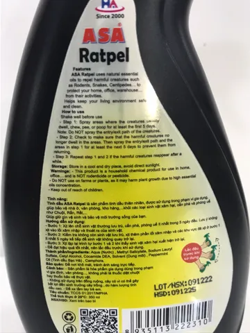 Tinh dầu xua đuổi chuột ASA RATPELL trong nhà cửa, kho hàng, văn phòng,..., chai 300ml, sản phẩm Việt Nam. 769389